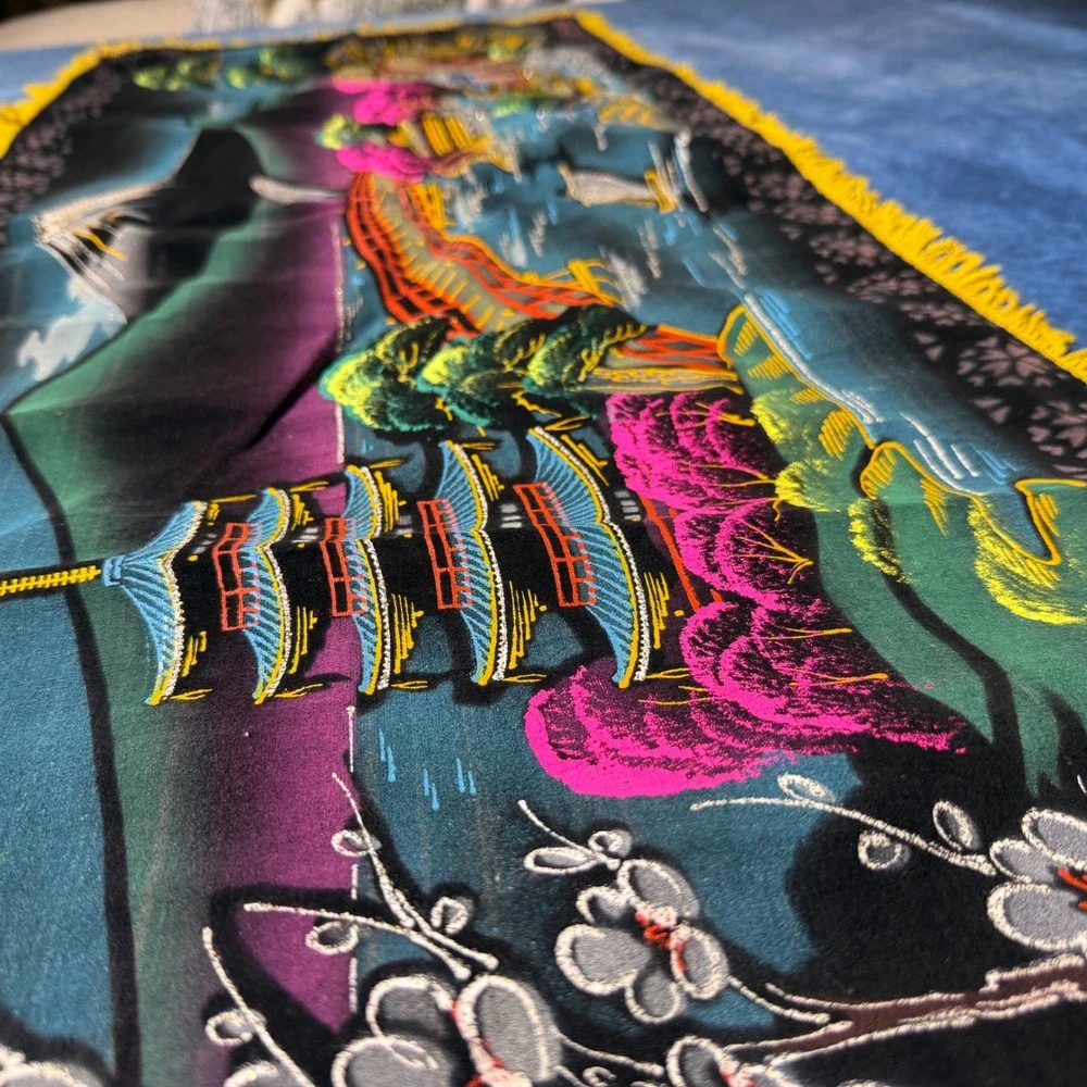 Vintage Japanese Velvet Wall Hanging Mount Fuji Pagoda Landscape Fringe 45x18